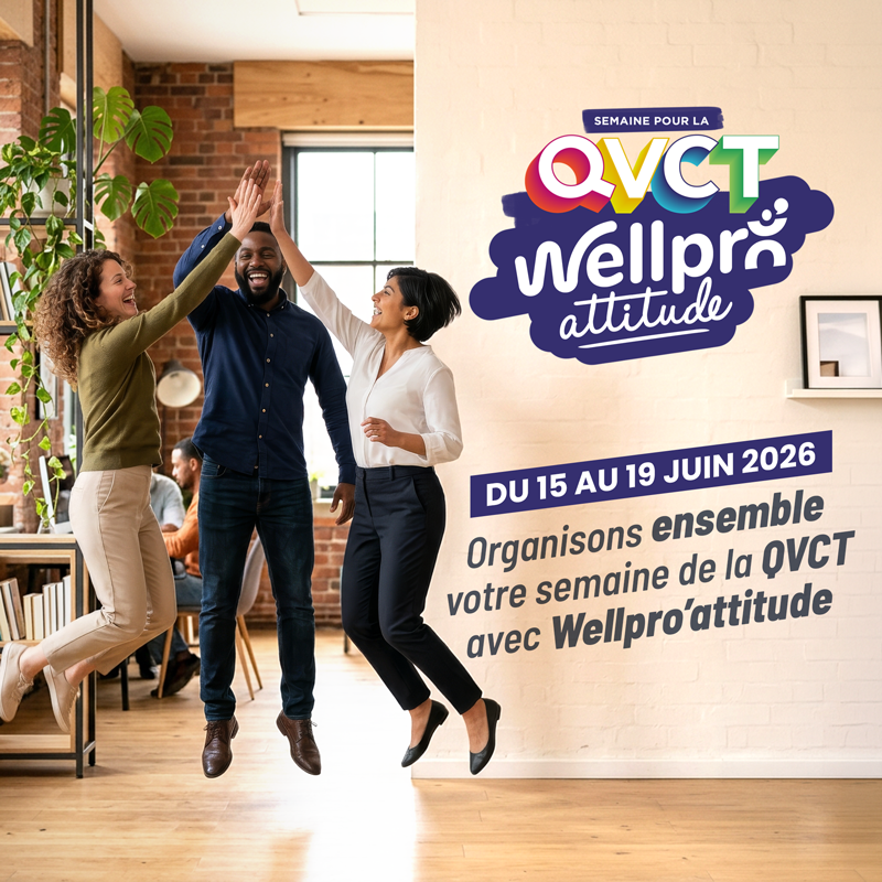 Trois collaborateurs célébrant la Semaine de la QVCT 2026 avec Wellpro’attitude du 15 au 19 juin 2026 pour promouvoir le bien-être et la qualité de vie au travail.